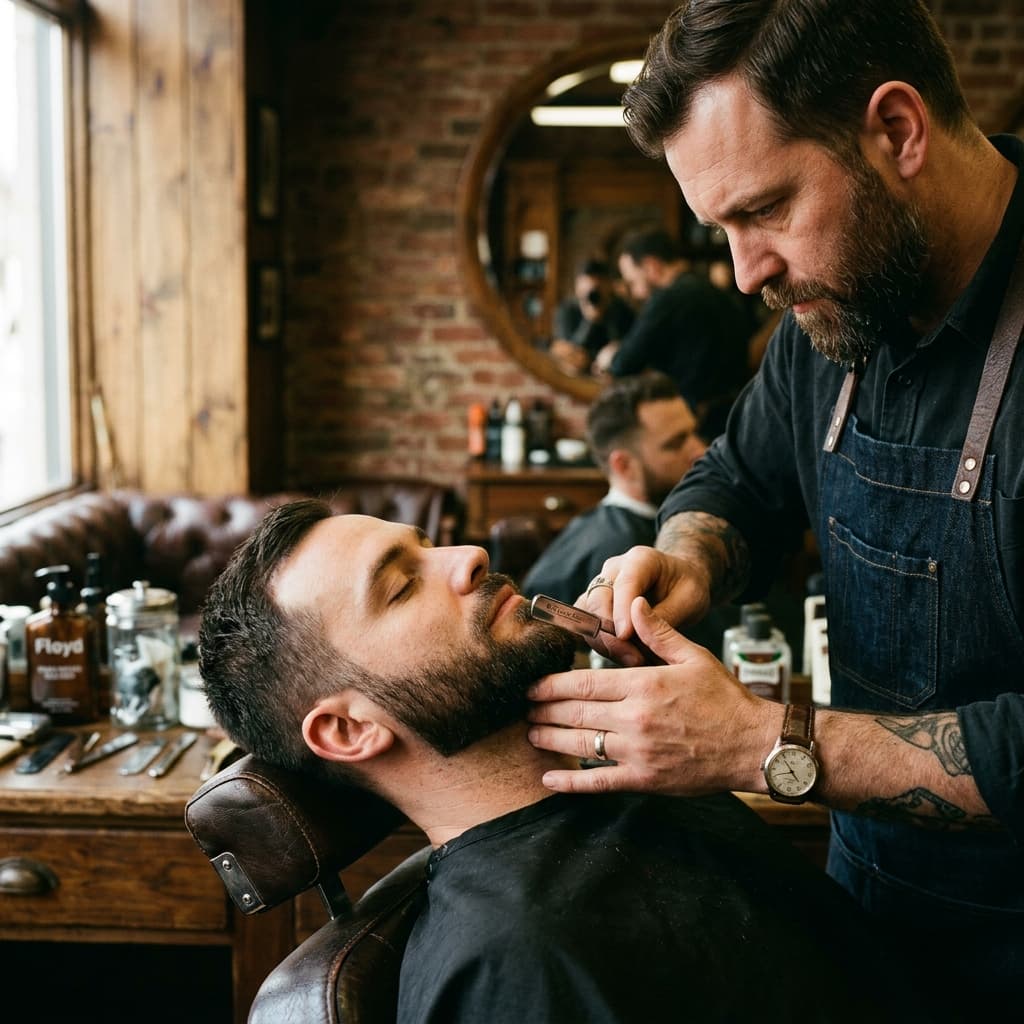 Skilled barber trimming a man's beard
