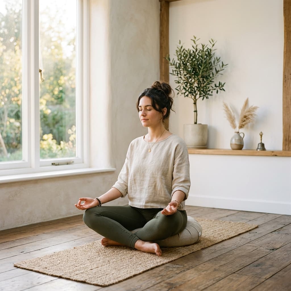 Woman meditating in a serene wellness studio