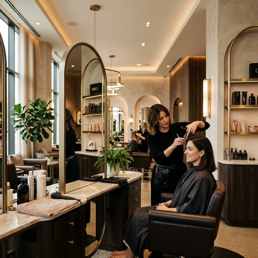 Beautiful girl getting a haircut in a premium hair salon